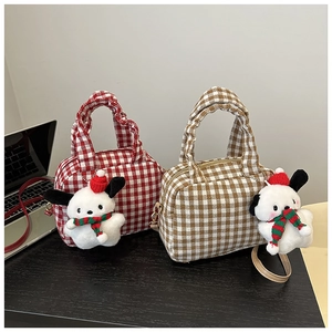 Fashionable plaid crossbody bag with cute puppy doll pendant in red and brown colors