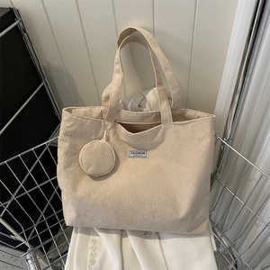 Corduroy Tote Bag Large Capacity Casual Shoulder Handbag With Mini Round Coin Purse For Women Simple Retro Style