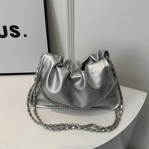 Pleated Dumpling Shoulder Bag PU Leather Metal Chain Large Capacity Chic Minimalist Niche Fashion Women Streetwear