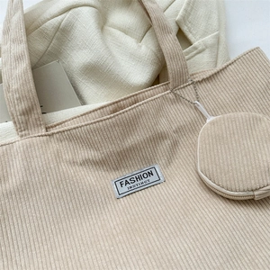 Minimalist light khaki corduroy tote bag with round coin purse and fashion patch