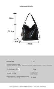 Detailed size specifications and material parameters for the black PU leather backpack