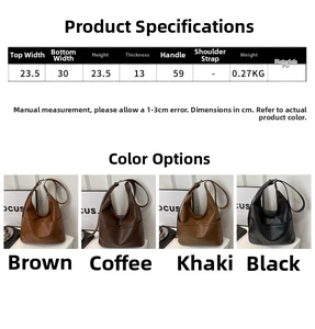 Detailed size chart and multi-color options for the large PU leather hobo tote bag