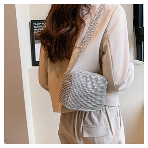 Close-up of a glamorous silver rhinestone crossbody bag worn by a model in a studio