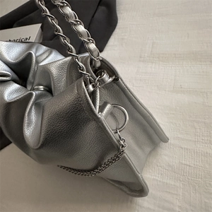 Silver metallic pleated cloud bag with textured PU leather and elegant chain strap