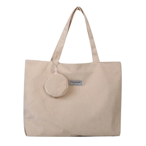 Beige corduroy tote bag set with matching coin purse and Fashion Instinct label