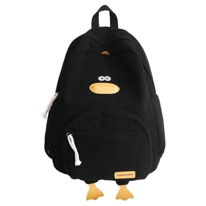 Minimalist black corduroy cartoon duck backpack with large capacity for boys and girls