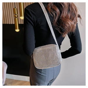 Close-up of sparkling silver rhinestone handbag with diamond strap on female model