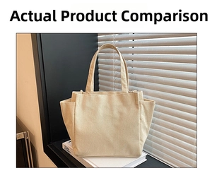 Close-up of beige corduroy handbag with side pockets and sturdy top handles for daily commute