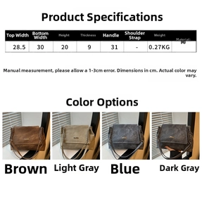 Detailed size chart for the PU leather tote bag with measurements in cm and four colors