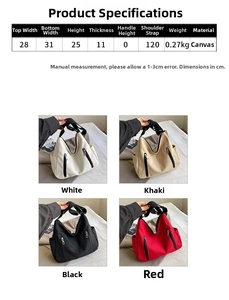 Detailed size chart and multi-color canvas tote bag views with dimensions and specs