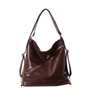 Retro dark brown large capacity faux leather tote bag with functional gold zippers
