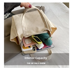 Interior view of off-white corduroy tote bag showing large storage capacity for daily essentials