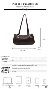 Detailed size chart and capacity comparison of dark brown Boston shoulder bag with devices
