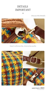 Detail of plaid tweed fabric, golden hardware zipper, and leather strap stitching