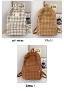 Detailed comparison of three corduroy backpacks in cream, khaki, and brown shades