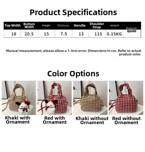 Size chart showing dimensions for the stylish plaid crossbody bag and small square handbag