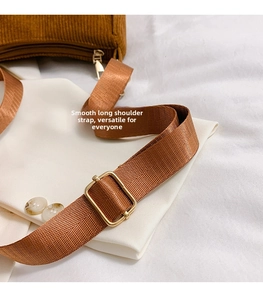 Détails de la bandoulière en nylon réglable et boucle dorée sur sac en velours marron