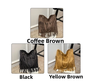 Trois sacs cabas à franges en daim couleurs café, noir et fauve avec œillets métalliques