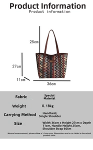 Ethnic tote bag dimensions: 36x27x11cm with detailed strap measurements for reference
