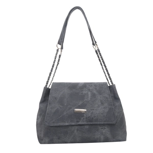 Gray tie-dye canvas tote bag with metal chain strap and minimalist rectangle logo