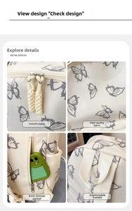 Detail view of butterfly print backpack with double zippers and anti-theft back pocket