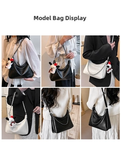 Litchi pattern faux leather tote bag with metallic chain and stylish plush pendant details