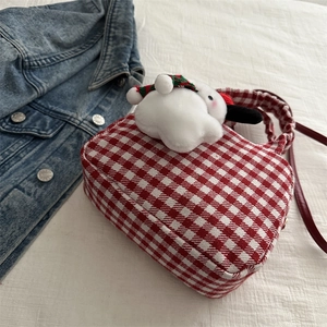 Red plaid canvas bowling bag for women with cute plush charm and crossbody strap