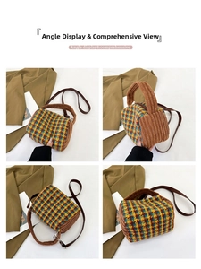 Multi-angle views of houndstooth plaid and corduroy shoulder bag with leather strap