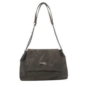 Chic dark grey washed canvas shoulder bag with silver chain strap and metal logo plaque
