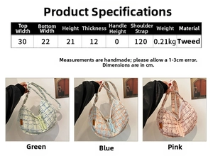 Size guide for corduroy dumpling bag detailing dimensions and plaid material specs