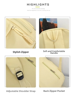 Détails du sac à dos jaune : fermeture éclair, poignée, bretelles et poche antivol
