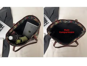 Detailed interior view of the ethnic tote bag showing large capacity for iPad and essentials
