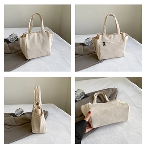 Detailed views of beige corduroy tote bag showing side pockets, zipper, and base