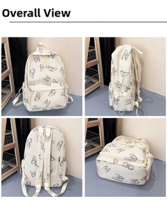 Detailed four-view collage of a cream canvas backpack with grey butterfly patterns