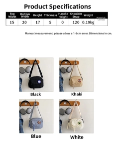 Canvas crossbody bag with cartoon patch in black, khaki, blue, and white colors