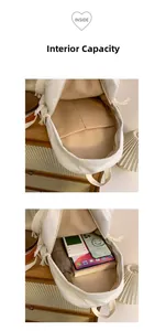 Internal compartments of white corduroy backpack showing storage for tablets and gadgets