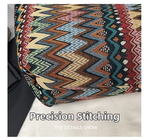 Close-up of colorful woven ethnic pattern with zigzag texture on tote bag fabric