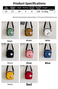 Detailed size chart and specifications for the mini canvas crossbody bag in eight colors