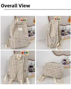 Detailed views of checkered backpack featuring multiple pockets and wide adjustable straps