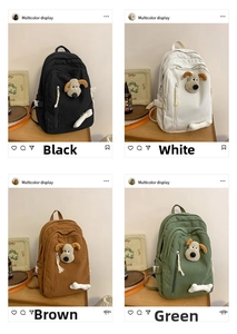Corduroy school backpack with plush dog charms shown in black, white, brown and green
