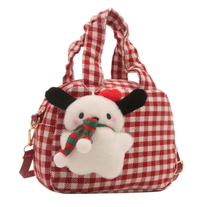 Red and white checkered canvas handbag with a cute plush puppy charm for women