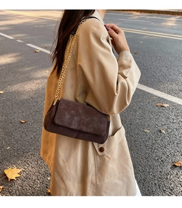 Detail of dark brown suede shoulder bag with gold chain strap on beige trench coat