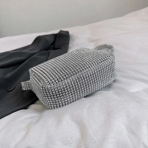 Elegant silver rhinestone clutch evening bag for women with dual short handles