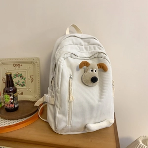 Corduroy Backpack Cute Cartoon Puppy Large Capacity School Bag For Girls Students Japanese Ins Style Lightweight Travel
