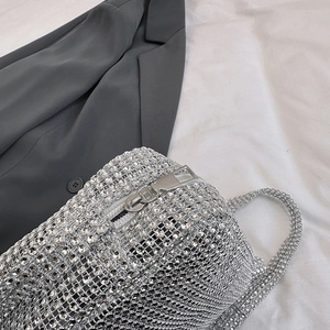 Elegant silver rhinestone handbag for women, shimmering party evening clutch shown in detail