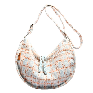 Blue and orange checkered corduroy crescent crossbody bag with adjustable strap