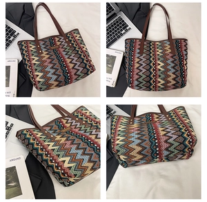 Detail views of large canvas bucket bag with multicolor zigzag weave and leather handles