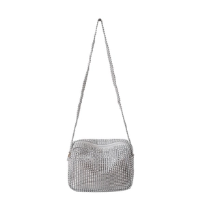 Sparkling silver rhinestone crossbody square bag with metallic chain and zipper closure