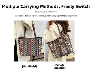 Detail showing versatile carrying ways with leather handles on a chevron canvas tote bag