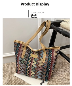 Detail of ethnic geometric pattern tote bag with khaki trim and gold rivet accents